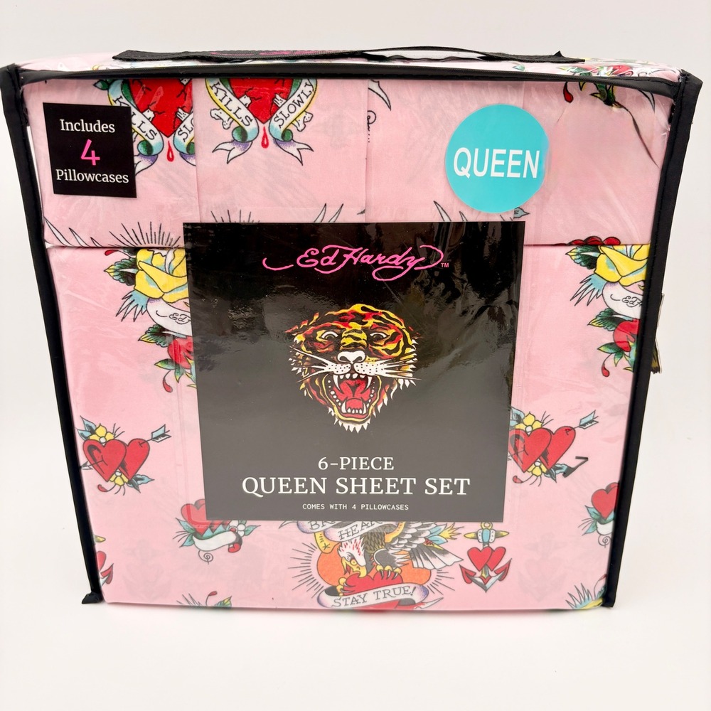 Ed Hardy Pink Tattoo Flash Queen Sheet Set 6 Piece Tiger Eagle Hearts NEW